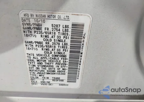 2011 Nissan Murano Sl z USA, uszkodzony, nr VIN JN8AZ1MW3BW155368